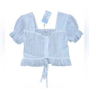 Romwe Eyelit Embroidered Drawstring Crop Top White Cottagecore Coquette Milkmaid